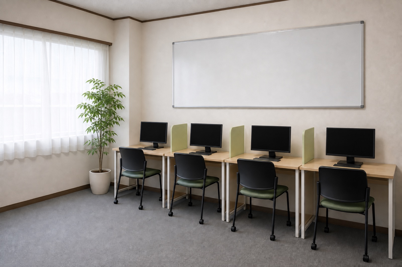 朝の訓練室。机とパソコンが並んでいる