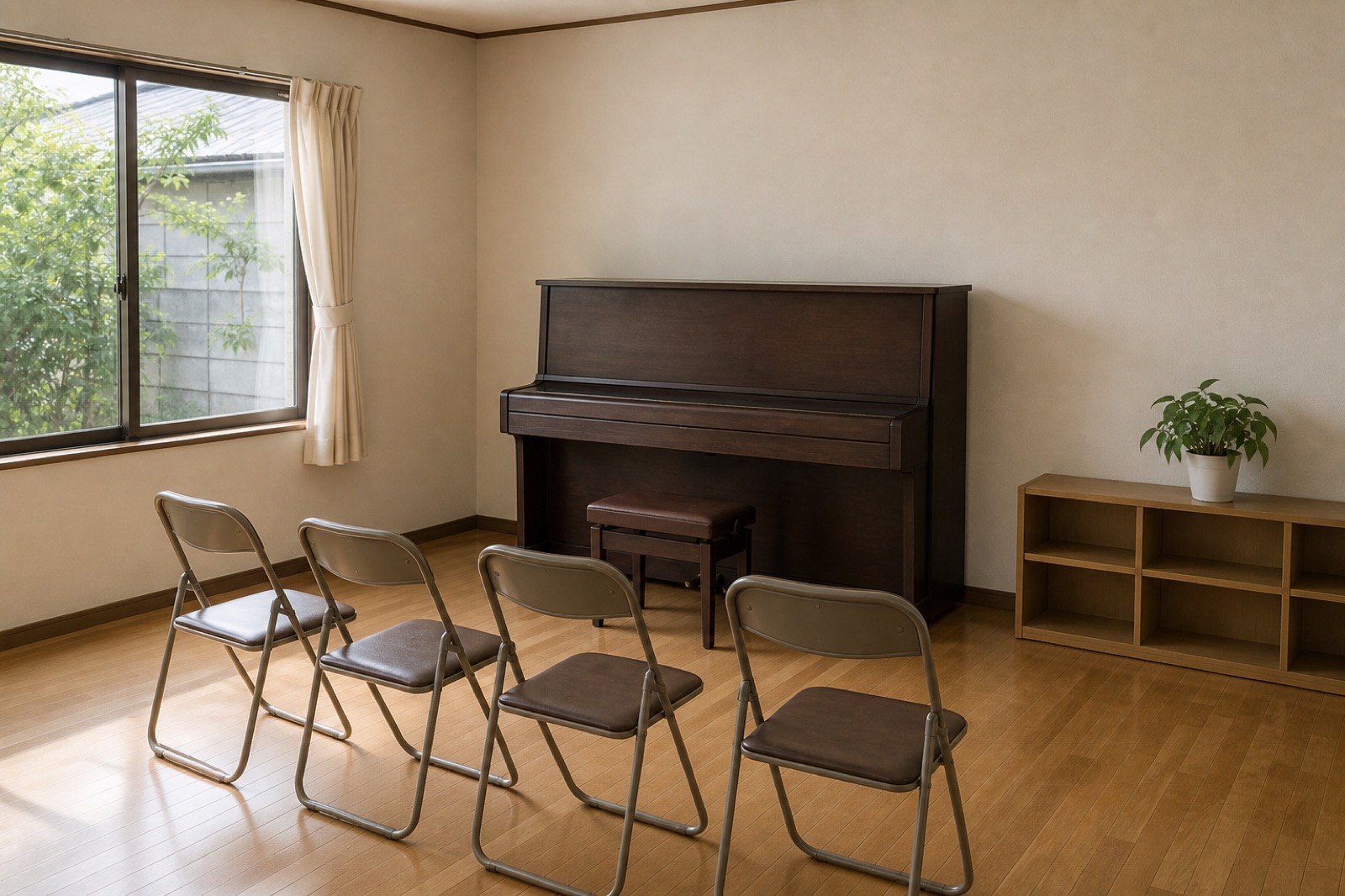 午後の音楽教室。ピアノと椅子が並んでいる