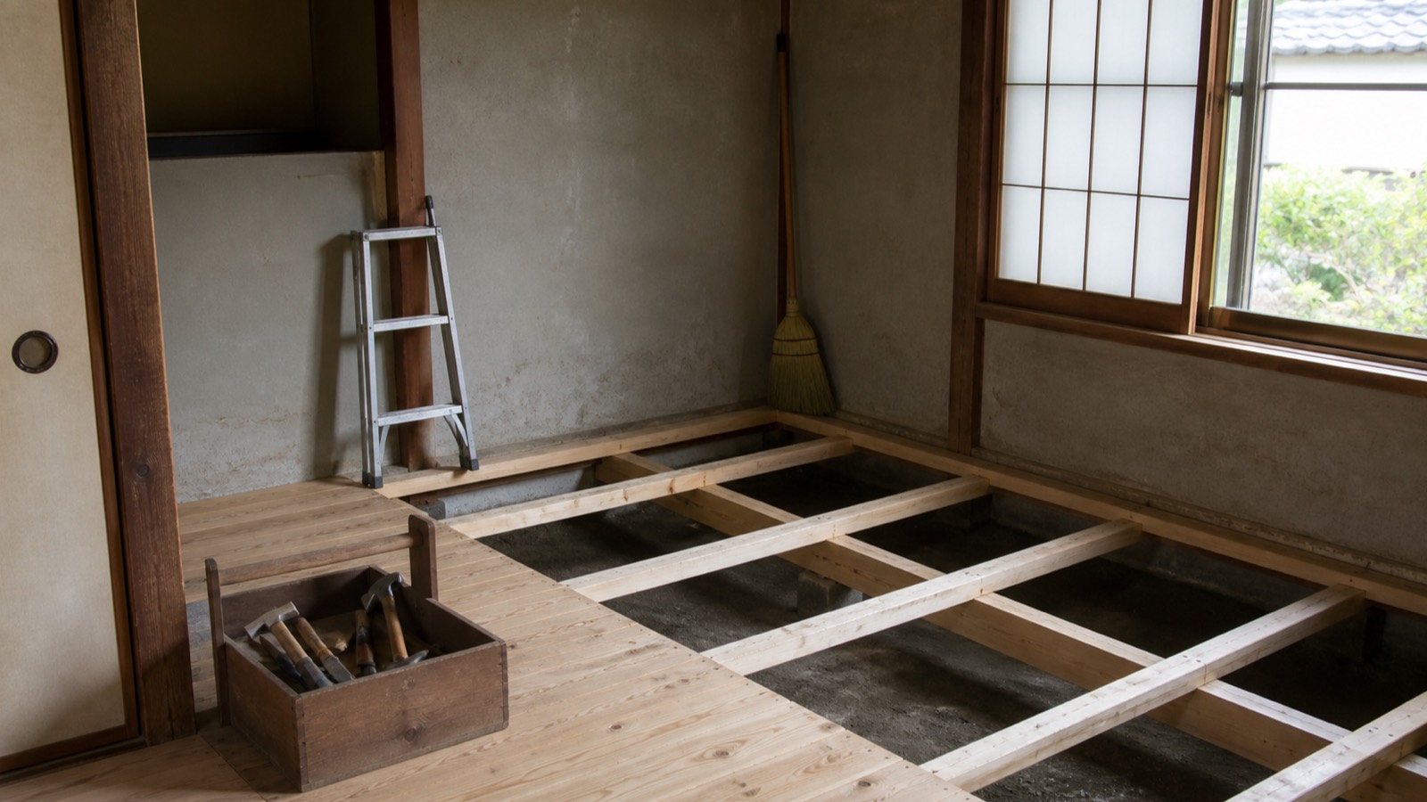 工事中の現場。道具箱と脚立が置かれている