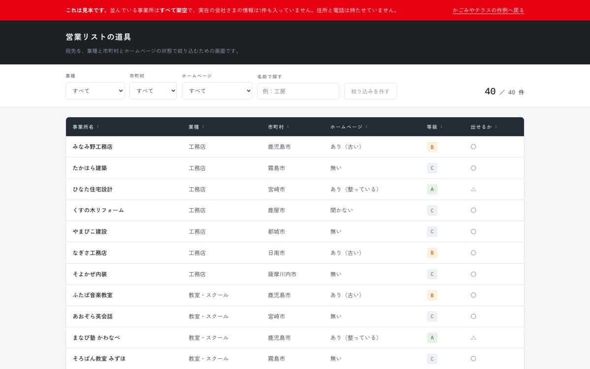 営業リストの道具の画面