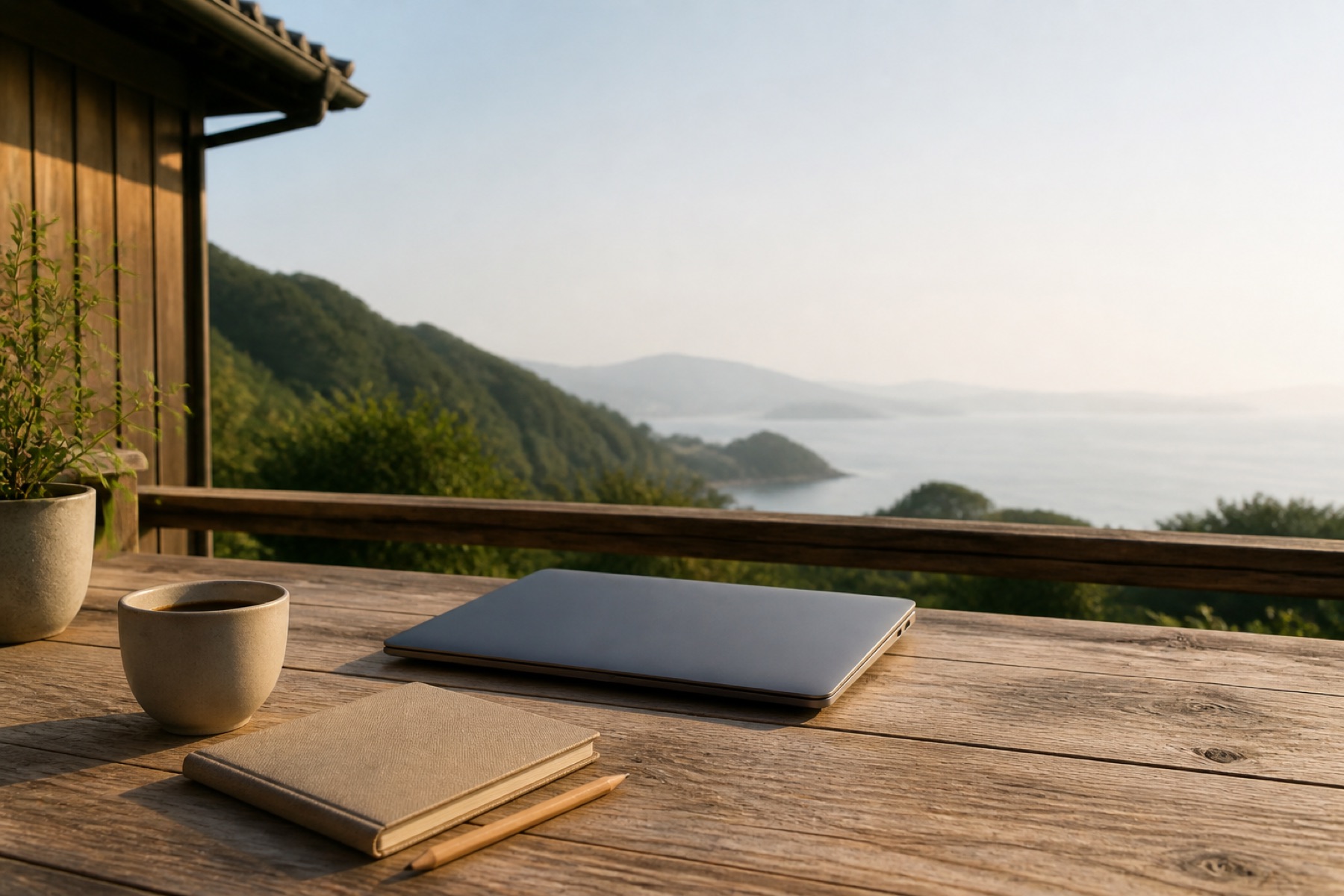 朝のテラスの机。閉じたノートパソコンとコーヒー、遠くに海と山
